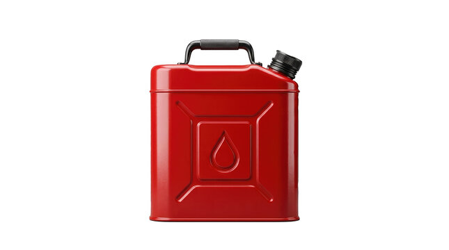 Isolated red plastic gasoline jerrycan and fuel pump nozzle for pouring flammable liquid energy into a car engine tank