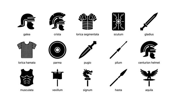 Roman military icons arranged in rows on white background