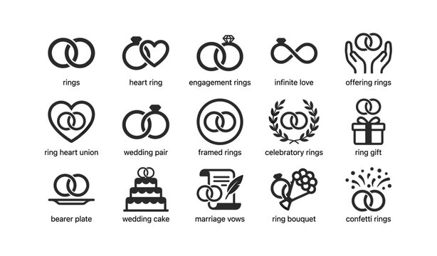 Wedding and ring icons arranged in white grid layout