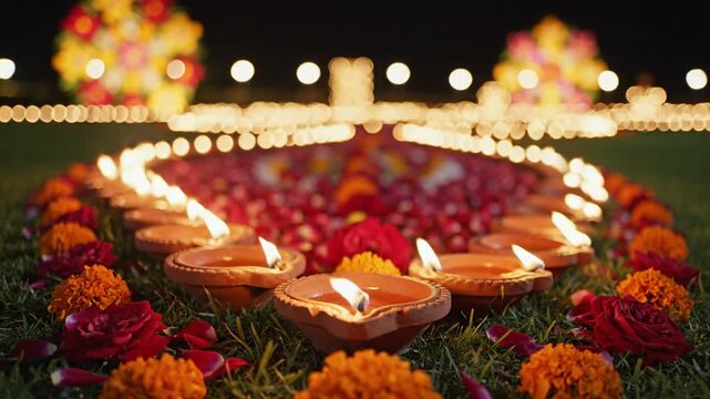 Lit clay oil lamps arranged in intricate circular patterns on green grass with marigold flowers and rose petals, celebrating Diwali festival at night with a soft bokeh background.
