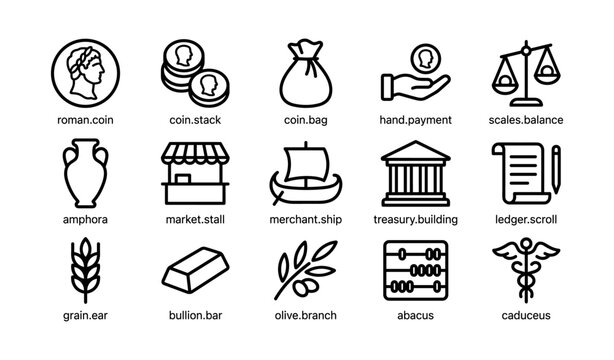 Ancient trade and money icons arranged in labeled grid layout