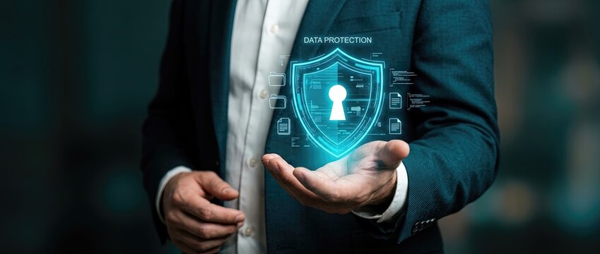 Data protection measures in business settings digital security infographic corporate environment close-up perspective cybersecurity concepts for enhanced awareness and strategy