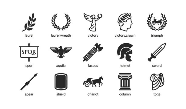 Roman and classical symbols icons arranged in grid on white background
