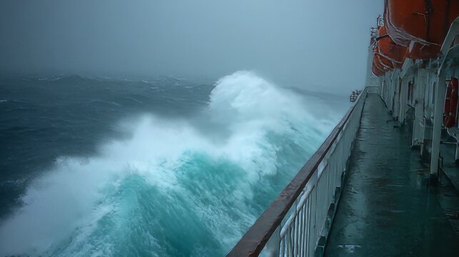 Vessel navigating dangerous conditions, dramatic ocean conditions. Gigantic waves engulf the ship deck, demonstrating the raw power of a storm.