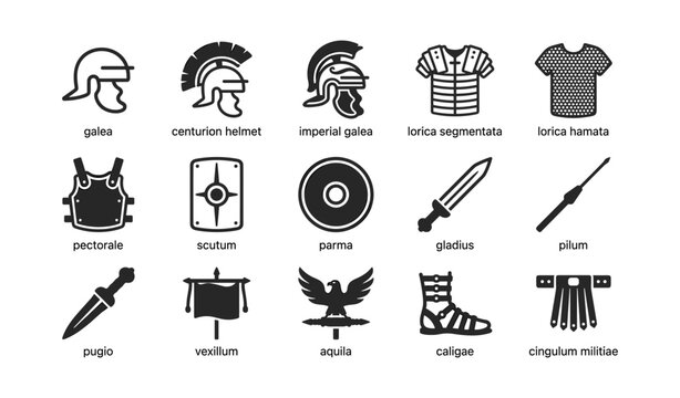 Roman military equipment icons depicting helmets and weapons