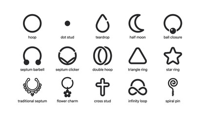Fototapeta premium Body jewelry icons displayed in labeled grid on white background