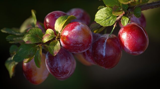 Cluster of ripe purple stone fruits growing attached to a woody branch with green foliage