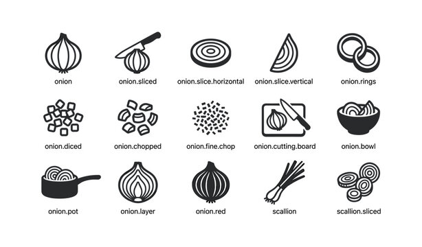 Onion preparation icons showing slices diced and cooking on white