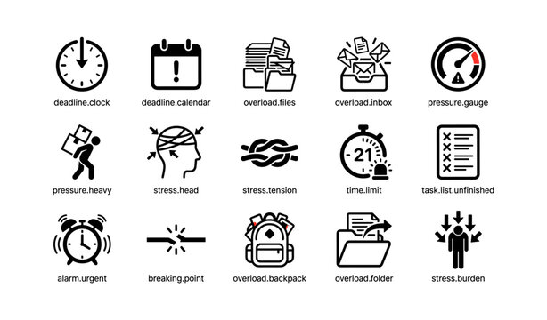 Stress overload icons showing deadlines and pressure on white