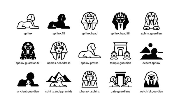 Sphinx and guardian icons arranged in a grid layout