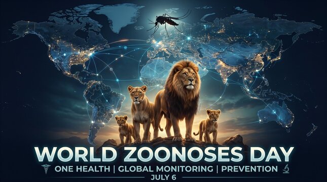World zoonoses day global disease prevention awareness concept with wildlife family and epidemic monitoring map