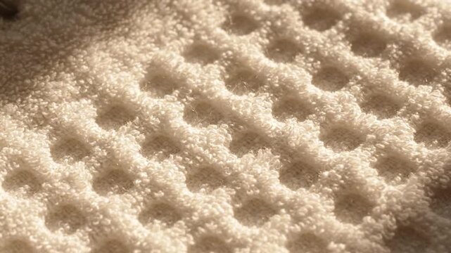 Soft beige fabric texture with raised honeycomb pattern, showing detailed loops and shadows that create cozy and warm feeling in close up image