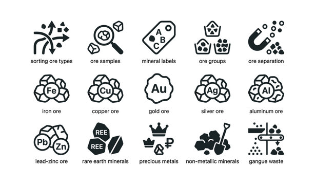 Ore sorting and mineral icons showing metal types and separation