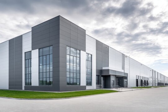 Modern warehouse facade on a sunny day, distribution center. Industrial Building of modern logistics hub. Loading dock. Large Business Entrance. Innovative logistic complex exterior. Cargo storage