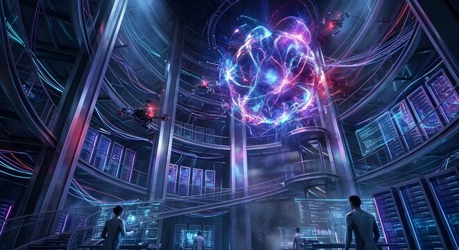 Futuristic AI core with glowing energy sphere and data streams in a high-tech data center
