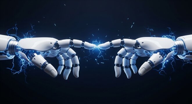 Futuristic robot hands touching with glowing blue electric sparks against dark background 3D render