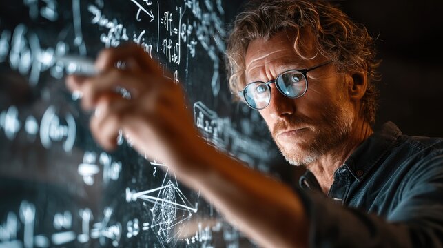 Teacher pointing at a whiteboard, holographic mathematical formulas and 3d geometry shapes floating, stem education technology concept