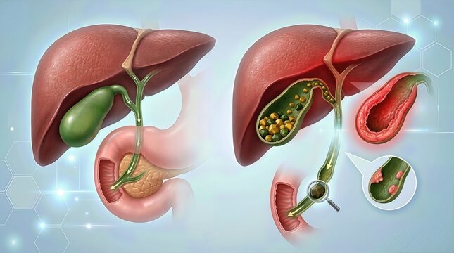 Human digestive system anatomy, comparing healthy organ function, severe gallbladder disease, gallstones, inflammation, biliary duct obstruction, medical condition concept