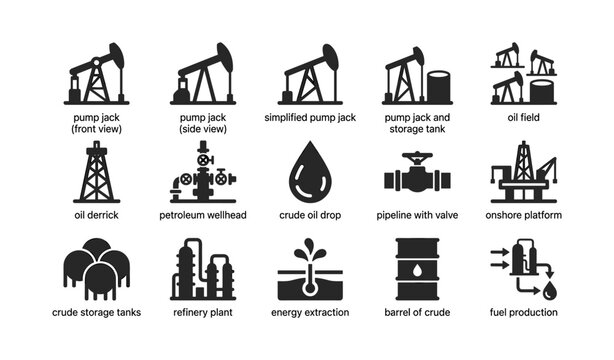 Oil industry and pump jack icons arranged in grid layout