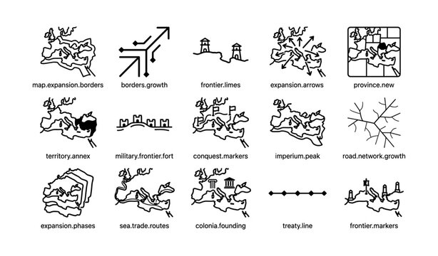 Historical expansion map icons showing borders and routes on white