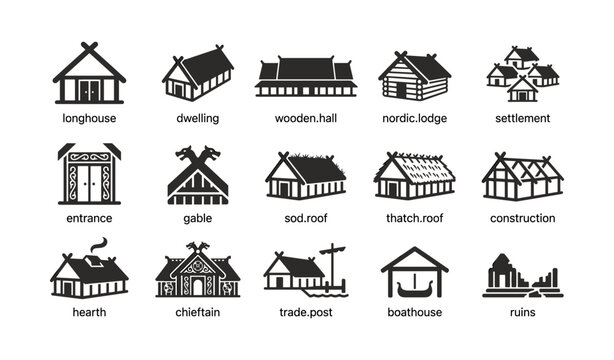 Traditional wooden longhouse and nordic dwelling icons grid