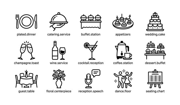 Catering and reception icons arranged in grid on white background