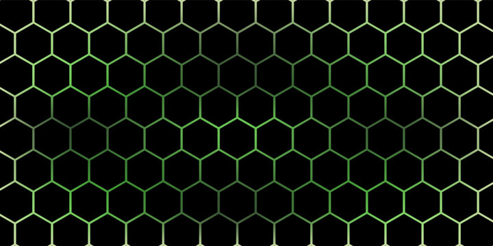 Dark hexagonal technology vector abstract background. Green bright energy flashes under hexagon in futuristic illustration modern technology background. Vector Illustration
