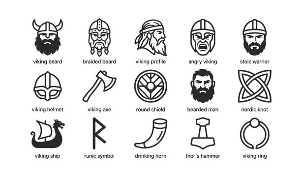 Viking icons depicting helmets weapons and cultural symbols