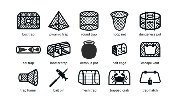 Fishing trap icons showing various net and cage designs
