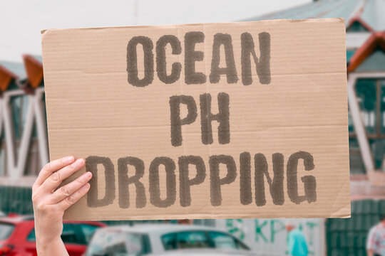"Ocean PH Dropping" Measured seawater acidity increases annually as emissions continue unabated. MEASURED. ACIDITY. INCREASES. ANNUALLY. UNABATED.