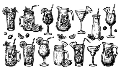 Hand drawn cocktail and beverage collection with citrus and berry garnishes © Najma