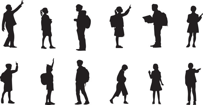 Black silhouettes, people icons, 12 travel tourists, backpacker set, vector graphics