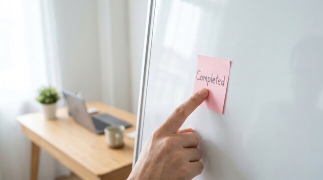 Finger Pressing Pink Note Stick on Whiteboard Showing Completed Task