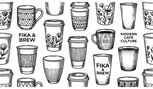Coffee tea drinkware seamless pattern scandinavian 'fika' aesthetic