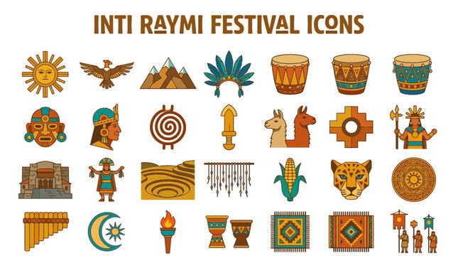 Inti Raymi festival icons illustrate cultural symbols and traditional Andean elements in a vibrant vector icon sheet featuring sun, condor, mountains, plants, animals, and people.