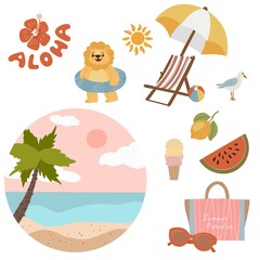 Summer beach vacation sticker set with cute lion, tropical palm tree, sun and sea elements © Marina