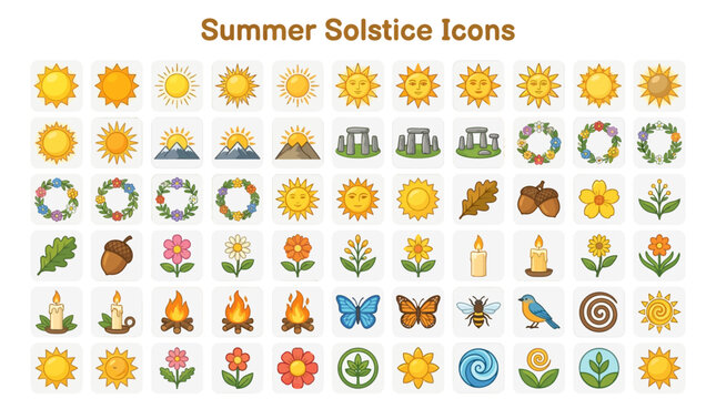 Summer Solstice celebration icons feature sun symbols, floral wreaths, and seasonal elements in a vibrant flat vector illustration sheet.