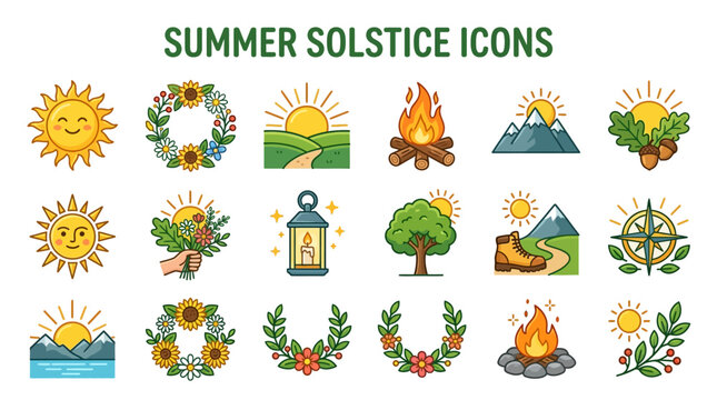Vibrant flat vector icons celebrate summer solstice with sun, flowers, campfire, tree, mountain, sunburst, lantern, and wreath in a joyful natural setting.