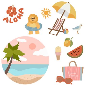 Summer beach vacation sticker set with cute lion, tropical palm tree, sun and sea elements