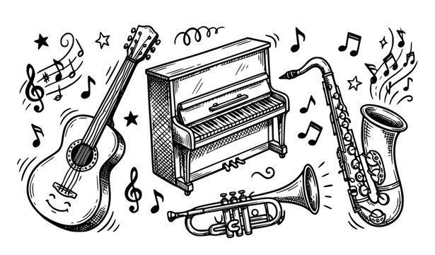 Musical instruments sketch set guitar piano saxophone and trumpet