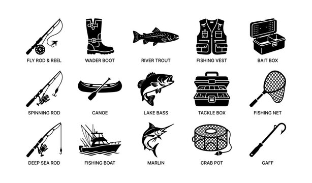 Fishing equipment icons arranged in labeled grid layout