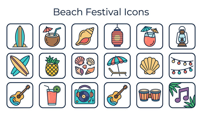 Outdoor music concert icons feature people, guitar, music, festival, beach, instruments, drums, microphone, audience, and beach balls