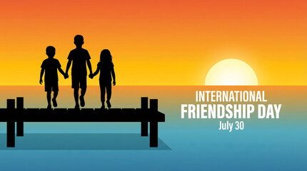 Fototapeta premium International Friendship Day, friends holding hands on pier at sunset