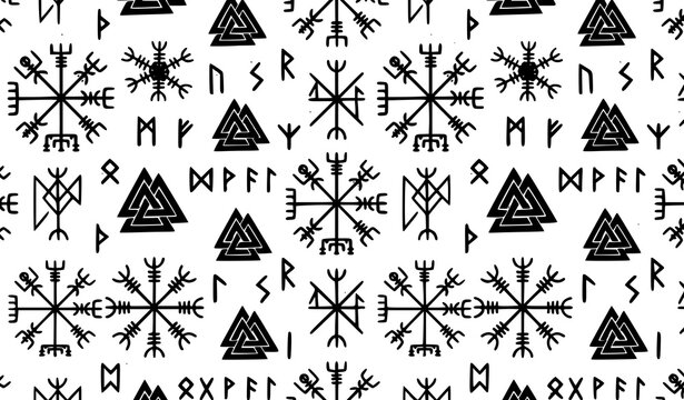Seamless pattern of nordic runes and viking symbols in black and white
