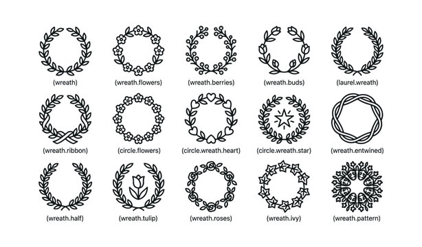 Wreath icon set showing decorative laurels and floral circles on white
