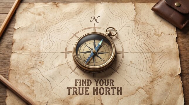 Vintage Compass Needle Points North on Old Map