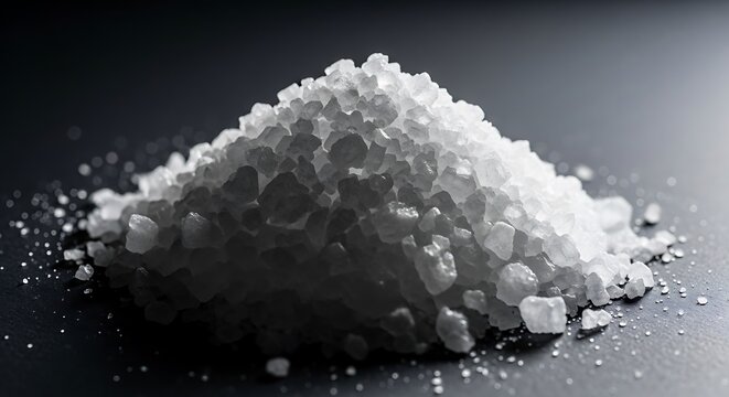 A pile of coarse white salt crystals on a dark surface