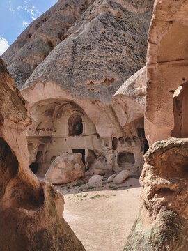 Selime Monastery cave complex carved into volcanic rocks in Cappadocia Turkey