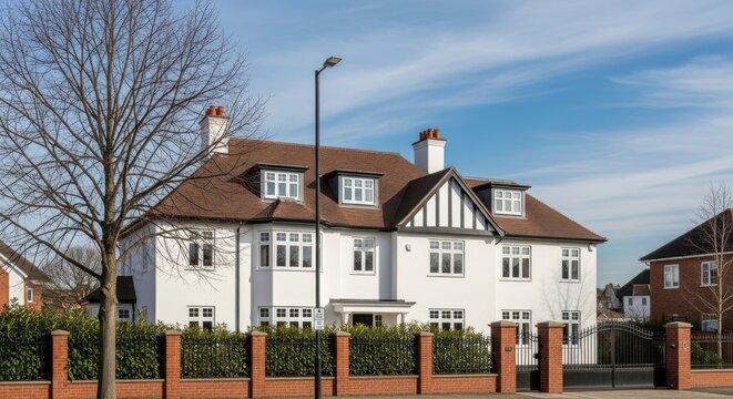 Large white house with brown roof and brick fence