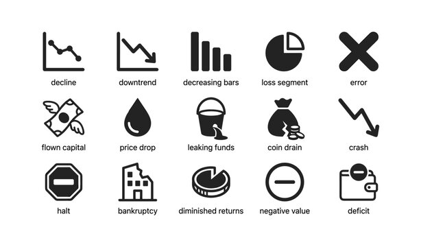 Financial decline icons showing loss concepts on white grid
